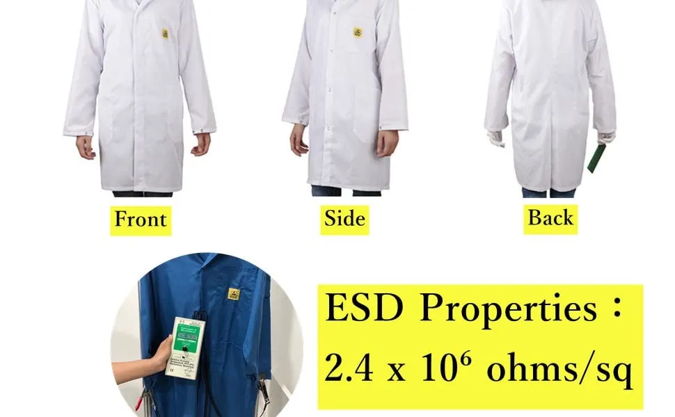 Kapper ESD Lab Coat with Lapel Collar Snap Cuffs Knee Length Clean Room Anti-Static Jacket