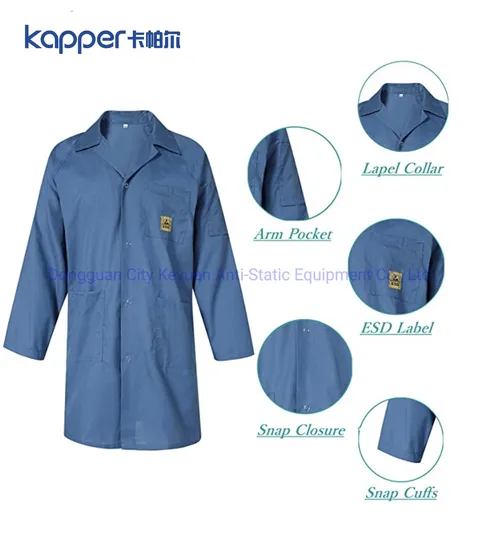 Kapper ESD Clean Room Lab Coat with Lapel Collar 3 Pockets Knee Length Anti-Static Jacket