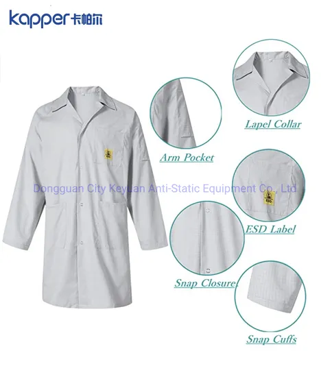 Kapper ESD Lab Coat with Lapel Collar Snap Cuffs Knee Length Anti-Static Jacket