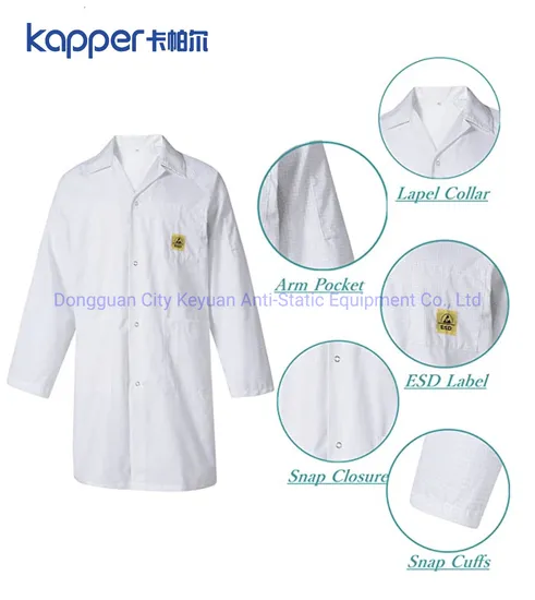 Kapper ESD Clean Room Lab Coat with Lapel Collar 3 Pockets Snap Cuffs, Knee Length Anti-Static Jacket