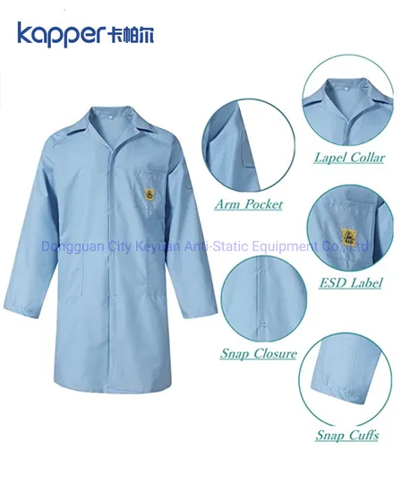 Kapper ESD Clean Room Lab Coat with Lapel Collar 3 Pockets Snap Cuffs, Knee Length Anti-Static Cloths